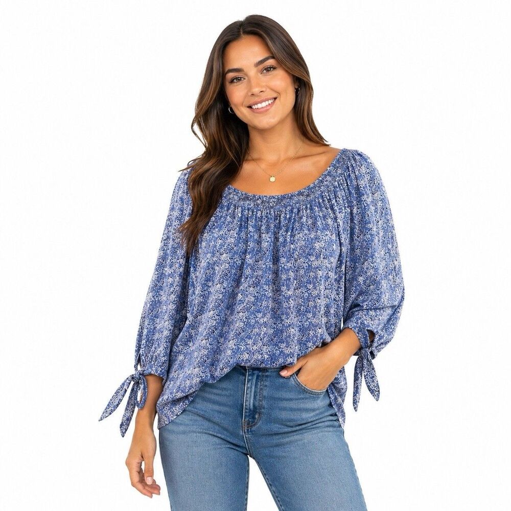 Chaps Blouse Womens Large Blue Floral Smocked Scoop Neck Tie 3/4 Sleeve Top